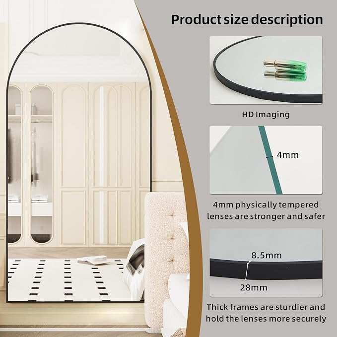LFT HUIMEI2Y 76"x34" Arch Full Length Mirror, Black Floor Mirror | Tempered Oversized Mirror Full Body with Aluminum Alloy Frame; Standing, Leaning, or Wall Mount for Bedroom, Living Room