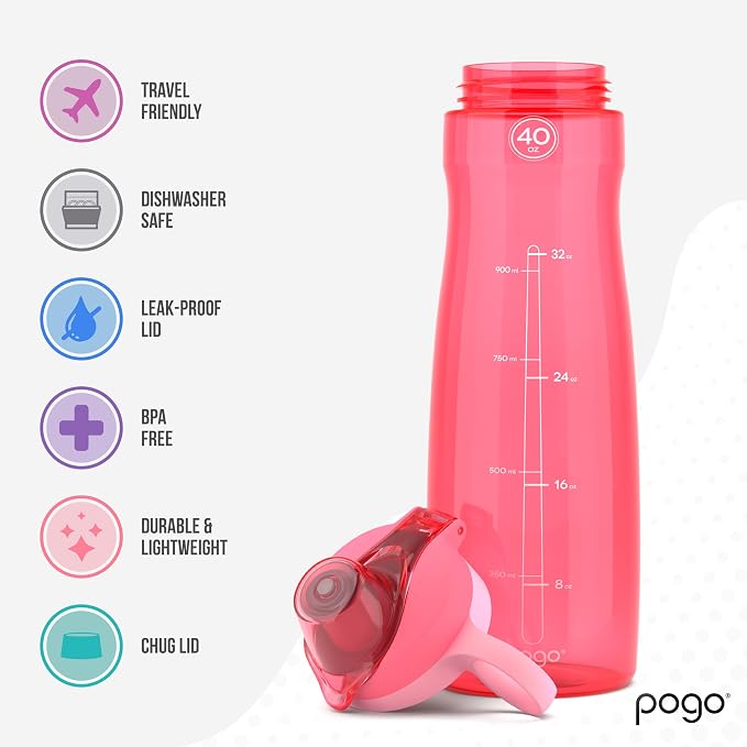Pogo BPA-Free Plastic Water Bottle with Chug Lid, Pink, 40 oz. | Leakproof water bottle with chug lid and carry handle. BPA-free, great for travel, school, outdoors, and gym.
