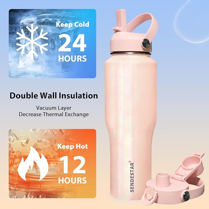 SENDESTAR 32oz Stainless Steel Water Bottle(Cold for 48 Hrs, Hot for 24 Hrs),Double Wall Vacuum Insulated Bottle with Straw Lid, Spout Lid and Flex Cap, Fit in Any Car Cup Holder,Laser Pink