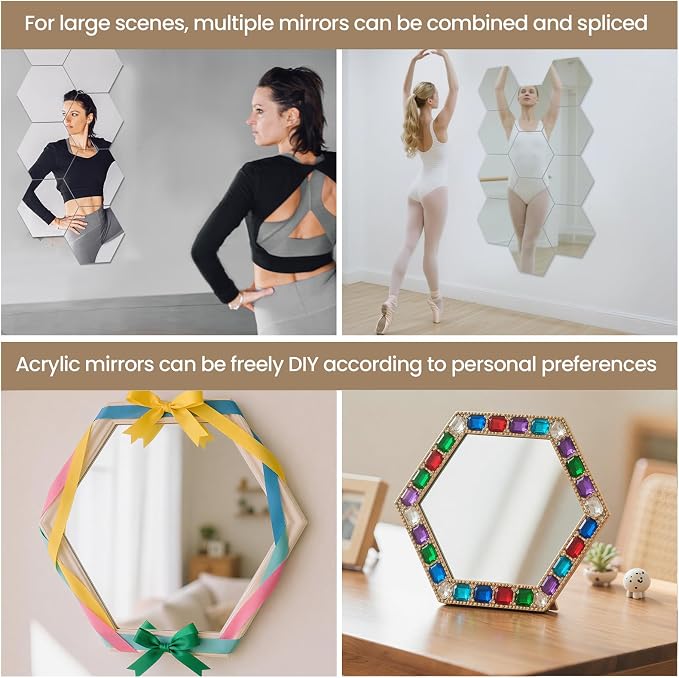 Hexagon Self Adhesive Peel and Stick Stick on Acrylic Mirror for Wall | Small Mirrors Tiles 11.8x11.8 Inch 10PCS, Flexible Unbreakable Full Length Mirror for Bathroom Gym Home Door Decor