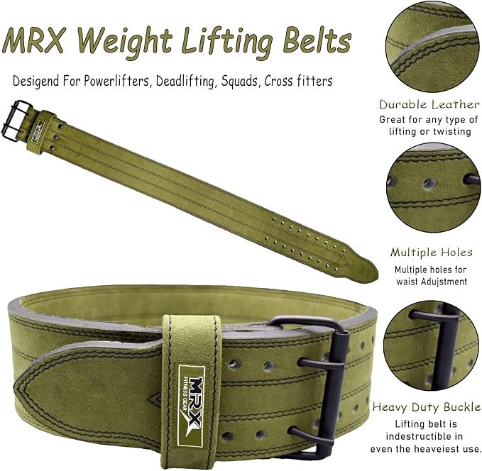 MRX Powerlifting Leather Belt 4" Wide 10mm Thickness Training Fitness Back Support Bodybuilding Belts with Steel 2 Prong Buckle