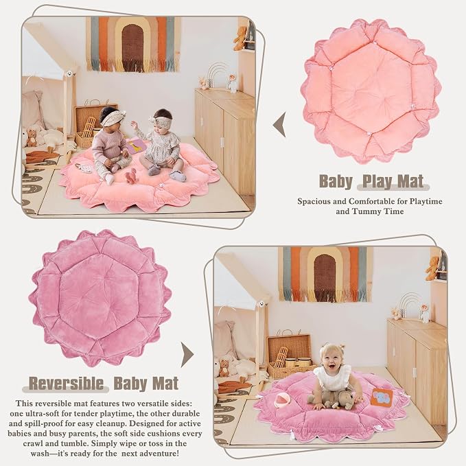 5-in-1 Plush Baby Play Gym, Activity Mat with Convertible Gym, Baby Gym 6 Sensory Toys, Play Center for Newborn to Toddler, Light Pink