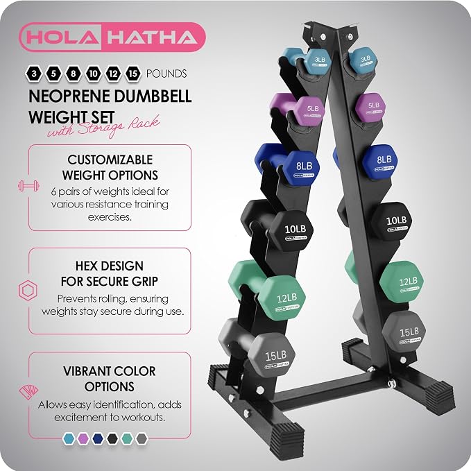 HolaHatha 1, 2 and 3 lb Neoprene Dumbbell Strength Training Weight Set with Rack