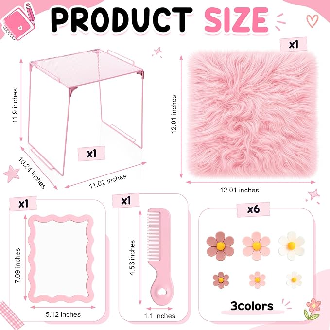 RattanView 10 Pcs Locker accessories Kit Magnetic Acrylic Mirror Plush Rug Small Comb 6 Flower Magnet Locker Organizer for Back to School Teen Student Girl Office Work Lockers Decoration Gift(Pink)