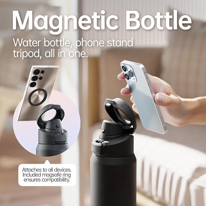 Insulated Magnetic Water Bottle - Reusable Stainless Steel Bottle with MagSafe Compatible Phone Holder - Keeps Cold for 24 Hours - Perfect for Gym, Sports, and Travel - Black 32oz