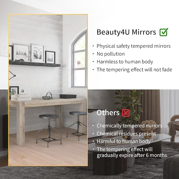Beauty4U 76" x 34" Full Length Mirror with Stand, Gold Large Floor Mirror | Standing, Leaning, or Wall-Mounted Tempered Glass Full Body Mirror with Metal Frame for Bedroom, Closet, Modern Home Decor