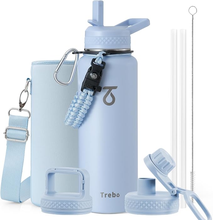 Trebo Water Bottle Insulated 40 oz with 3 Lids, Paracord Handle & Sleeve | Stainless Steel Flask Vacuum, Triple Wall Copper Plated, Dishwasher Safe, Keeps Cold 48Hrs for Hiking, Gym, Wide Mouth