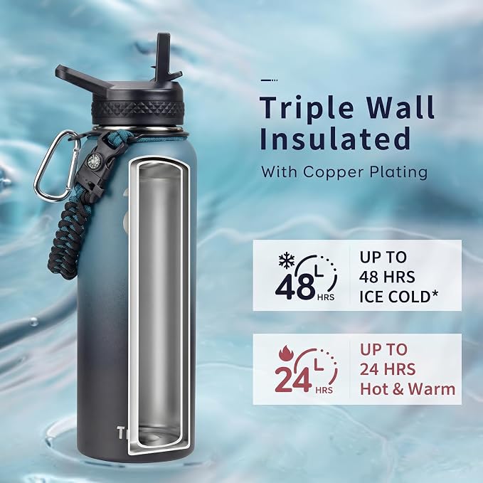 Trebo Water Bottle Insulated 40 oz with 3 Lids, Paracord Handle & Sleeve | Stainless Steel Flask Vacuum, Triple Wall Copper Plated, Dishwasher Safe, Keeps Cold 48Hrs for Hiking, Gym, Wide Mouth