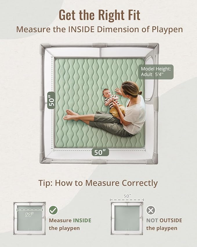 Blissful Diary Baby Play Mats for Floor, 50x50 Playpen Mat, Thick Cushioning Padding Foam Playmat for Baby and Toddlers Infants, Non-Slip & Machine Washable, Sage Green