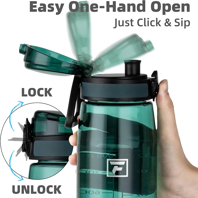 Fanhaw 32 oz Clear Plastic Water Bottle, BPA Free Leakproof Tritan Sports Water Bottle with Chug Lid, Wide Mouth Reusable Bottle for Gym, Travel, School & Office (Dark Green)