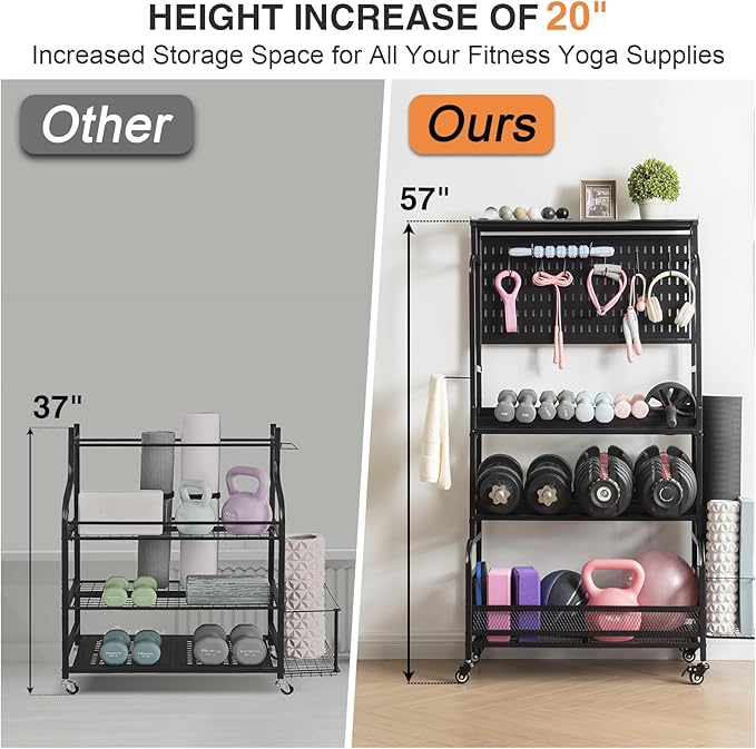 Lauren&Harold 56'' Taller Home Gym Storage Organizer with Hanging Board | Yoga Mat Storage Rack Exercise Workout Equipment Storage Stand with Hooks , Dumbbell Holder Kettlebell Rack with Wheels/Feets