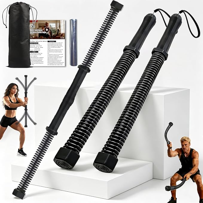 2-in-1 Ropeless Battle Rope & Vibration Bar, Portable Cordless Fitness Ropes for Home Gym, Strength Building, HIIT Training & Low-Impact Aerobic Training for Men and Women