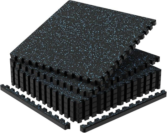 1'' Thick 24 Sq Ft Protective Gym Flooring for Home Gym, 6 Tiles Extra-Thick Rubber Top with High Density EVA Foam, Interlocking Exercise Equipment Mats, Heavy Weight Workout, Black & Blue