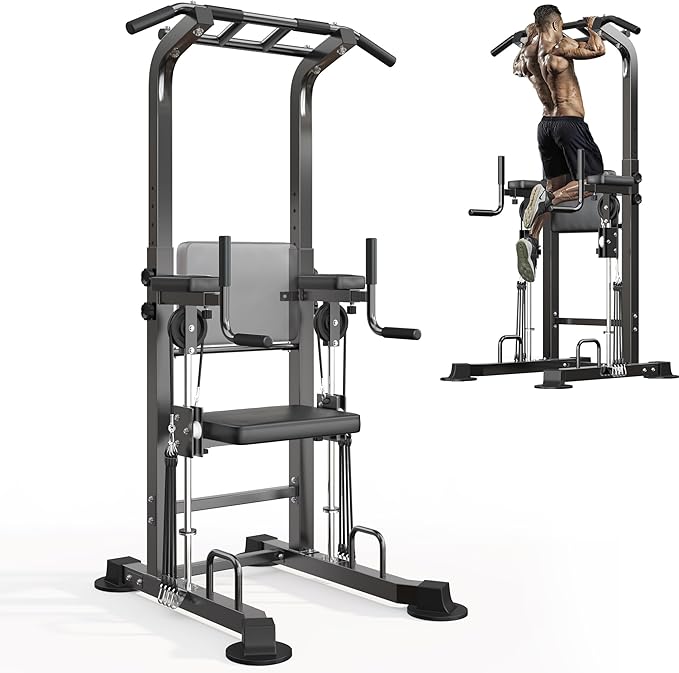 SogesHome Power Tower Pull Up Bar Station Height Adjustable Assistive Rack | Multi-Function Strength Training Equipment Full Body Workout Machine, Freestanding Push Up Dip Stand for Home Gym Exercise