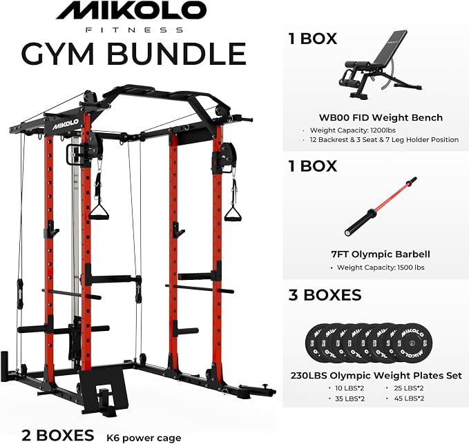 Mikolo Power Cage, Power Rack with Cable Crossover System, 1500LBS Squat Rack with LAT Pull Down System, Workout Cage with Pulley System for Fitness Home Gym