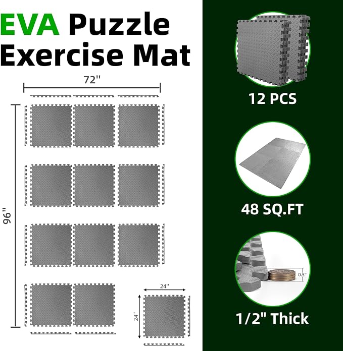 Art3d 12 Pack 24" x 24" EVA Interlocking Exercise Mats, 1/2" Thick Foam Puzzle Flooring for Workout, Gym Equipments, Training Areas, 48 Sq.FT, Grey