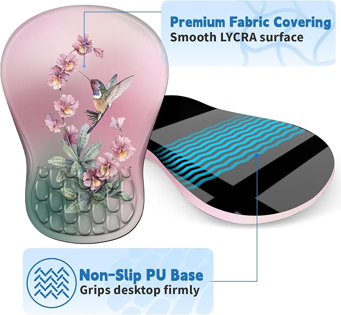 YIWEI Ergonomic Mouse Pad with Wrist Rest for Carpal Tunnel Pain Relief | Memory Foam Wrist Support,Non-Slip Rubber Base, Keyboard Computer Mousepad,Lycra Cloth Surface,Gaming Home Office,Hummingbird