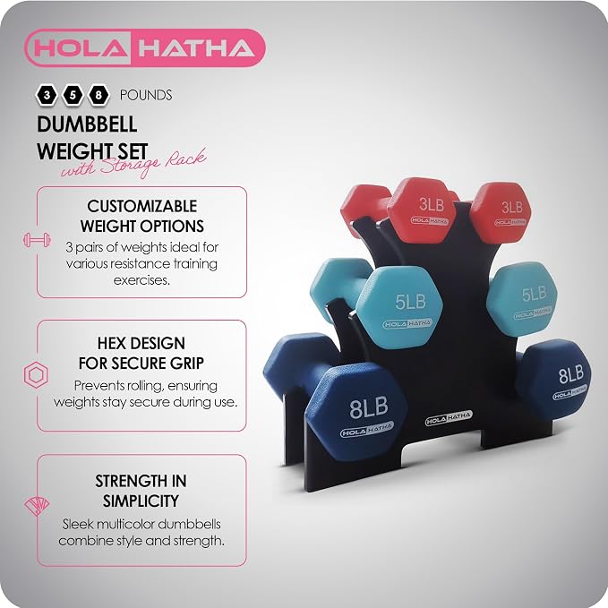 HolaHatha 1, 2 and 3 lb Neoprene Dumbbell Strength Training Weight Set with Rack