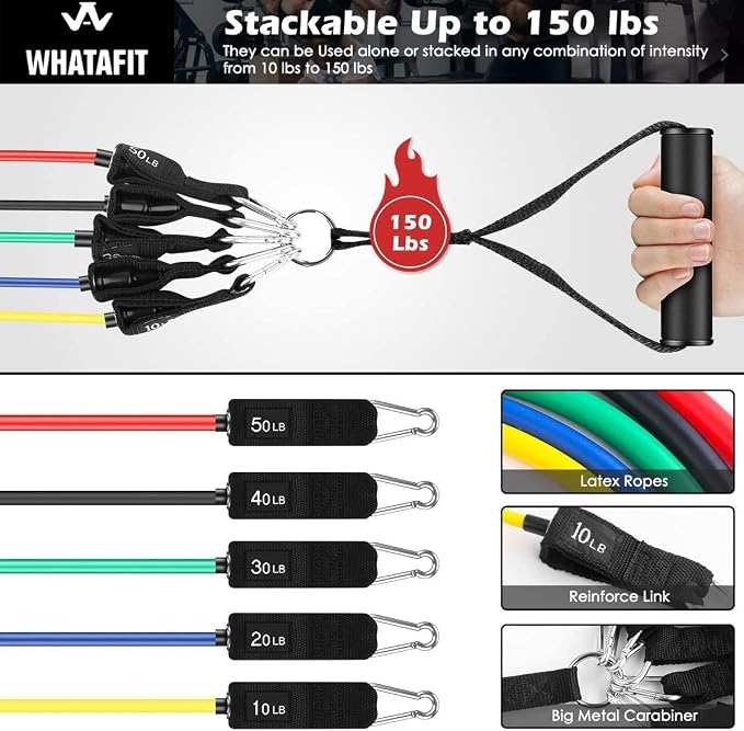 WHATAFIT Resistance Bands with Handles, 5-Level Exercise Bands for Workout | Natural latex,10-50 lbs, stackable to 150,Ankle Straps, Door Anchor,Guide. For Strength, Yoga,Home Gym,Travel & Workout.