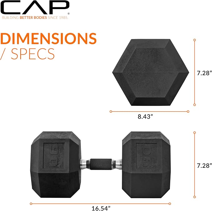 CAP Rubber Coated Dumbbell Weights, Free Weights for Home Gym Strength Training, Anti-Roll Hex Dumbbells with Black, Chrome & Comfort Grip Handles, Singles