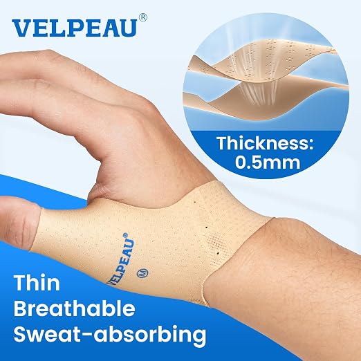 Velpeau Thumb Compression Sleeve for Tendonitis (Pack of 2), Seamless Technology, Gloves Wraps for Arthritis Pain Relief for Women & Men, Splint Liner, Fits Both Hands (Khaki, Short Version, M)