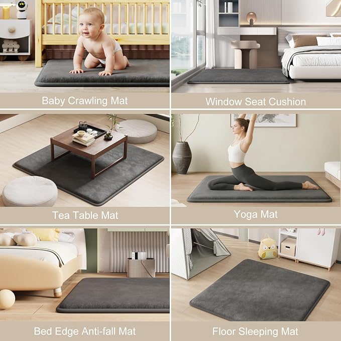 Baby Play Mat for Floor, 1.3" Thick Elasti-Foam Baby Play Mat, 50x50 Playpen Mat for Toddlers Infant Kids, Water Repellent Soft Coral Velvet Crawling Mat for Floor, Non-Slip Backing Safe Dark Grey