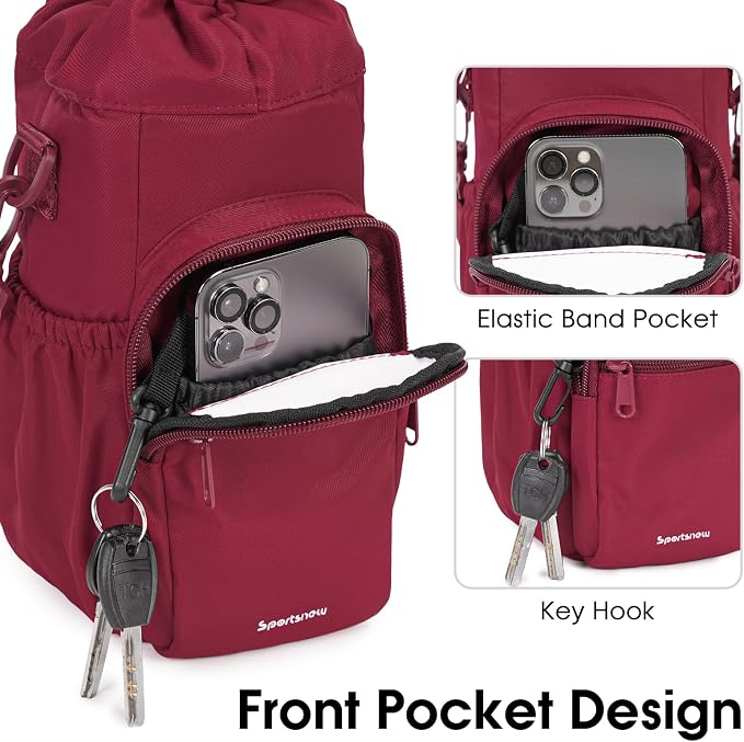 sportsnew 40oz Insulated Crossbody Water Bottle Bag Gym Hiking Phone Pocket | Water-resistant Lining, Padded Strap, Top Handle, Drawstring, Phone Pocket, Elastic Slots, Built-In Key Clip for Gym Walking