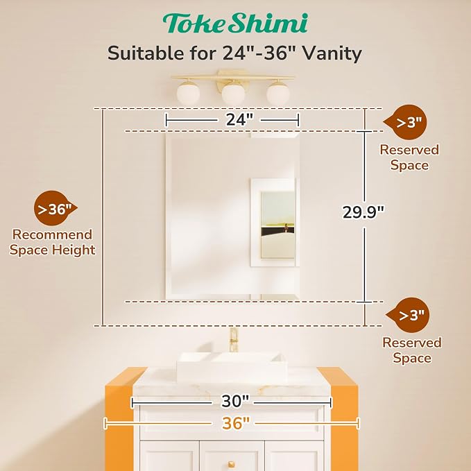 24x30 Frameless Bathroom Mirror for Over Sink, Tempered Beveled Wall Mirror with 1" Beveled Edge, Shatterproof Rectangle Mirrored for Vanity, Living Room, Entryway, Restroom