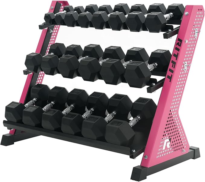 RitFit Rubber Hex Dumbbell Weight Set with 3-Tier Dumbbell Rack | Anti-Slip Knurled Chrome Handle,Cast Iron,Hexagon Anti-Roll Design,1000LB Capacity Heavy Duty Steel Rack for Home Gym