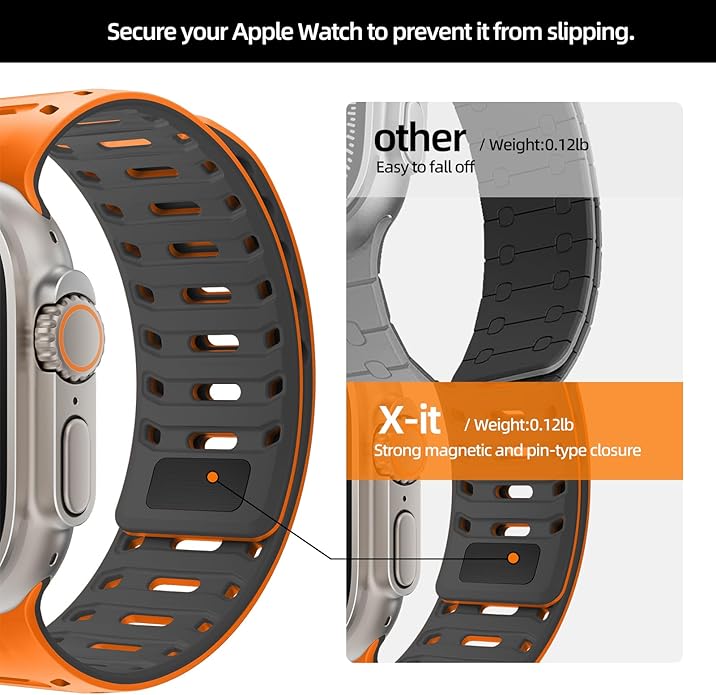 X-it Magnetic Watch Band for Apple Watch Ultra 49mm, 46mm/45mm/44mm, Silicone Sport Strap with Strong Magnet for Men and Women, Compatible with Apple Watch Series 11/10/9/8/7/6/5/4/3/2/1 and SE