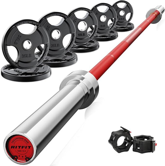 RitFit Barbell Weight Set - 4/6FT Olympic Barbell with Weight Plates (55-115LB Total) - Weightlifting Equipment for Squats, Curls, Deadlifts, Presses, Hip Thrusts