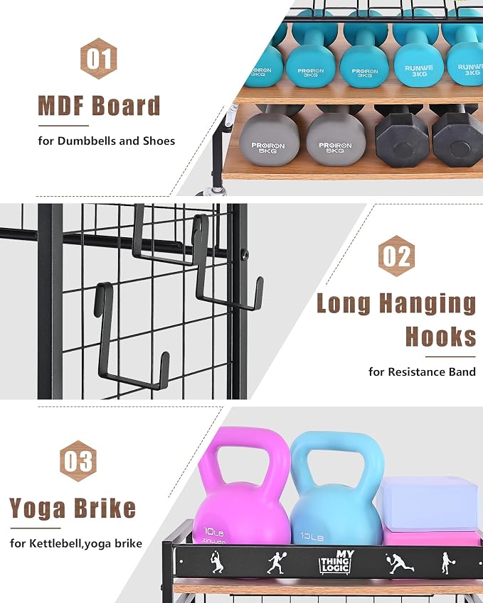 Mythinglogic Home Gym Storage Rack with Wheels for Dumbbells and Yoga Mats | Versatile storage with shelves, hooks and side holders for kettlebells, foam rollers, bands, weight plates and gym gear