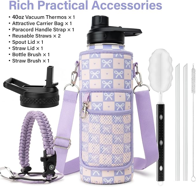 DYSANKY Water Bottle Gift– Insulated Stainless Steel Bottle with Carrier Bag, Strap & Gift Box – BPA-Free – Ideal for Hiking, Camping & Travel - Purple Bow 40 oz