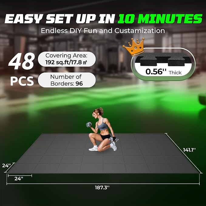 PRAISUN 0.56" Rubber Top Gym Flooring, Heavy Duty Interlocking Gym Mats for Home Gym, Non-Slip Workout Mat, 24 x 24in Large Gym Floor Mat, Protect Floors from Equipment, 192 Sq Ft, Pure Black