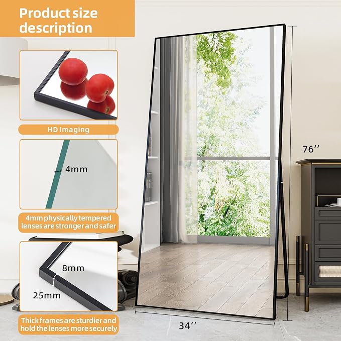 LFT HUIMEI2Y 76"x34" Full Length Mirror, Black Floor Mirror | Tempered Oversized Mirror Full Body with Aluminum Alloy Frame; Standing, Leaning, or Wall Mount for Bedroom, Living Room