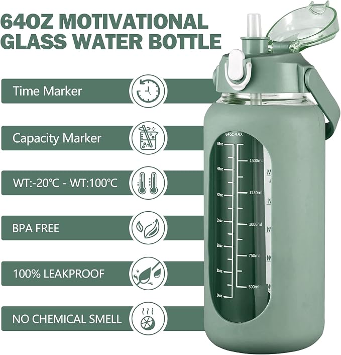 64oz Glass Water Bottles with Straw, Half Gallon Motivational Glass Bottle with Silicone Sleeve and Time Marker, 2L Leakproof Large Glass Water Jug for Gym Home Office,olive