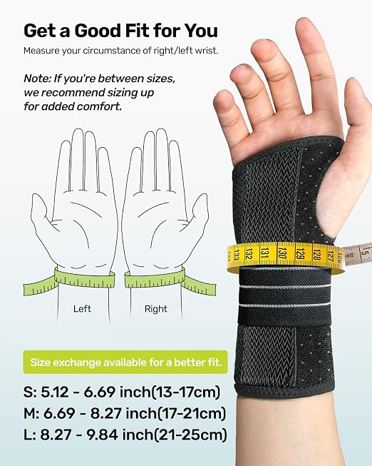 Rakiie Carpal Tunnel Wrist Brace, Ergonomic Night Support Brace with 3 Metal Splints for Arthritis & Tendonitis Relief, Breathable Hand Splint Stabilizer for Men Women (Right Hand, Gray, Medium)