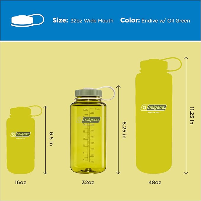 Nalgene 32 oz Wide Mouth Water Bottle, Thrill & Motion, Oil Green w/Freesia