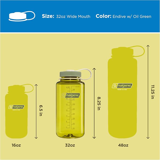 Nalgene 32 oz Wide Mouth Water Bottle, Thrill & Motion, Endive w/Oil Green