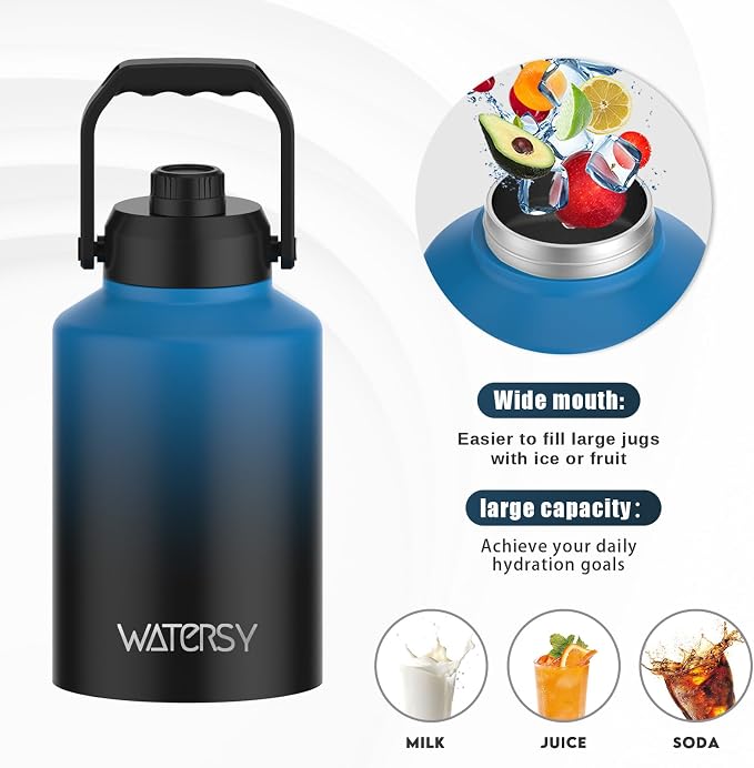 WATERSY Half Gallon Water Bottle Insulated(Cold for 48 Hrs),BPA Free&Leak Proof,64oz Stainless Steel Water Jug/Flask,Big thermo,Large Water Bottle with Handle for Gym,Hiking,Camping,Gradient Blue