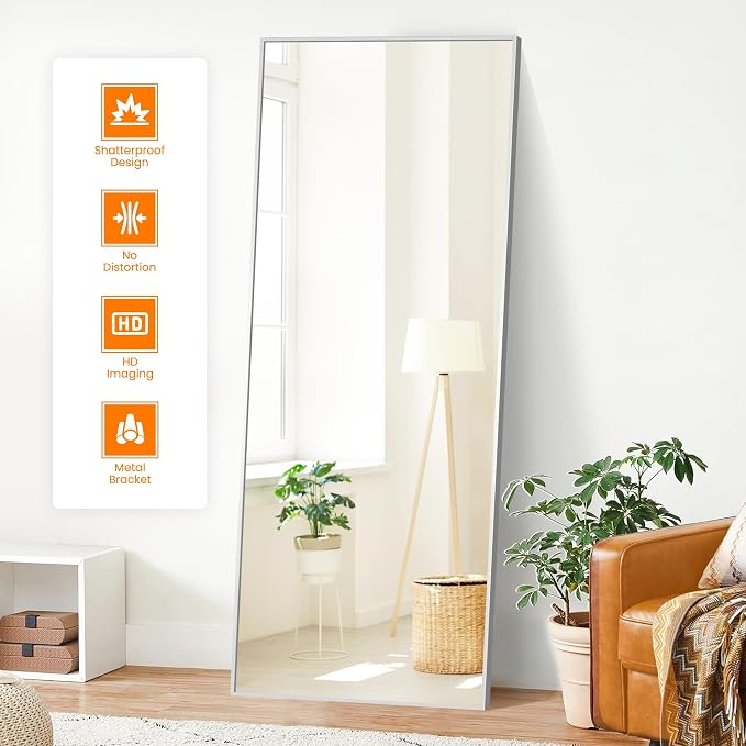 TRAHOME Full Length Floor Mirror 70"x24", Standing Mirror with Aluminum Frame, Large Body Mirror for Bedroom, Living Room and Bathroom, Silver