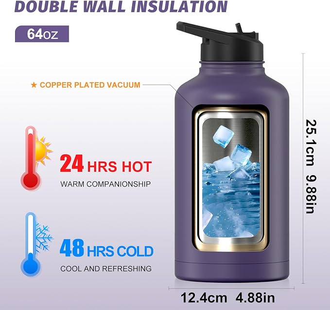 64oz Insulated Water Bottle (Cold for 48 Hrs),BPA Free&Leak Proof,Half Gallon Stainless Steel Water Flask,Water Jug with Straw Spout Lids for Gym,Hiking,Camping,Purple