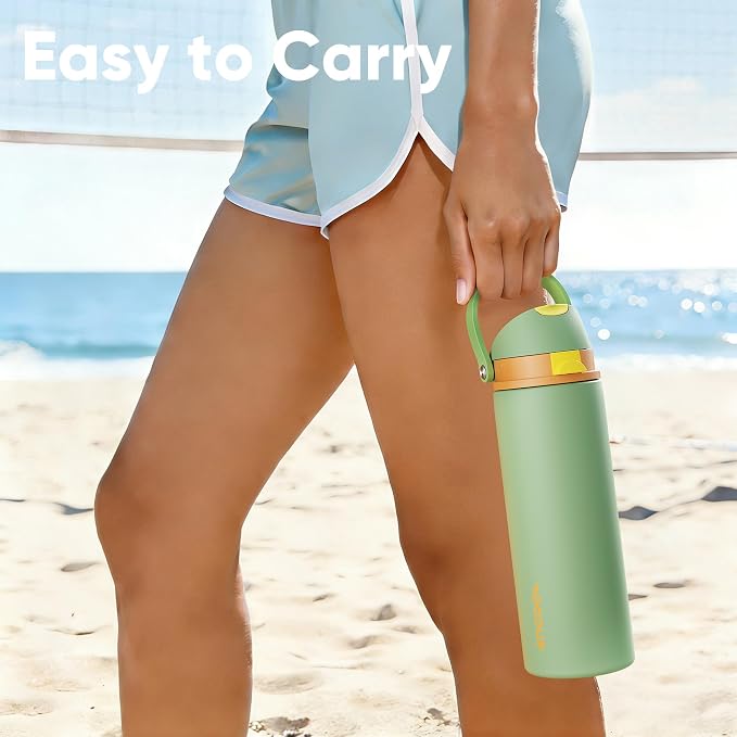 Insulated Water Bottle with Straw - Encool Stainless Steel Water Bottle with Push Button Lid, Leak-Proof & BPA-Free, Keeps Cold for 24 Hours for Sports, Travel, Gym (40 oz, Lichen-Yellow)