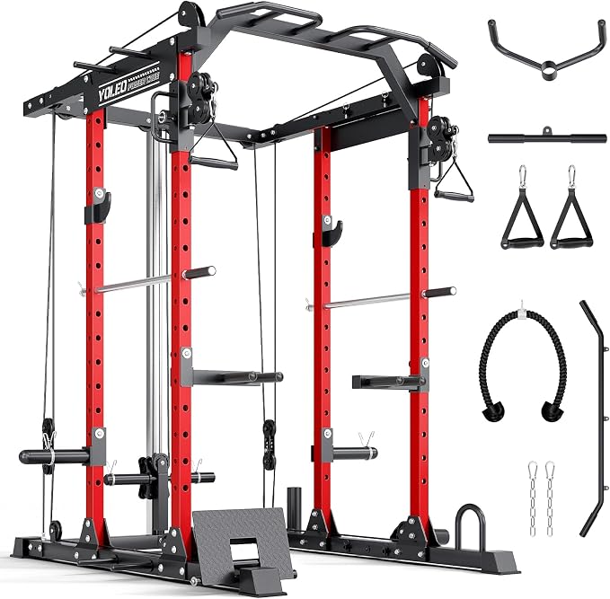 YOLEO Smooth Pulley System Power Cage, Adjustable Cable Crossover Power Rack, Multi-Functional Cable Machine for Home Gym
