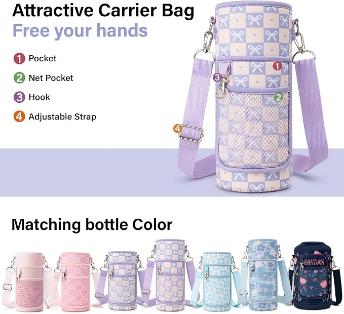 DYSANKY Water Bottle Gift– Insulated Stainless Steel Bottle with Carrier Bag, Strap & Gift Box – BPA-Free – Ideal for Hiking, Camping & Travel - Purple Bow 40 oz