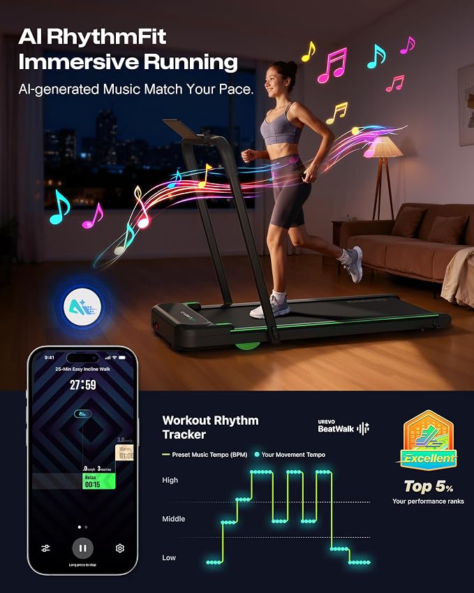 UREVO Strol 2E Smart 2-in-1 Folding Treadmill, Compact Walking Pad with Safety Handle, Plug and Play, Standing Desk Treadmill with Dual LED Display, Smart APP, Walking or Running for Home