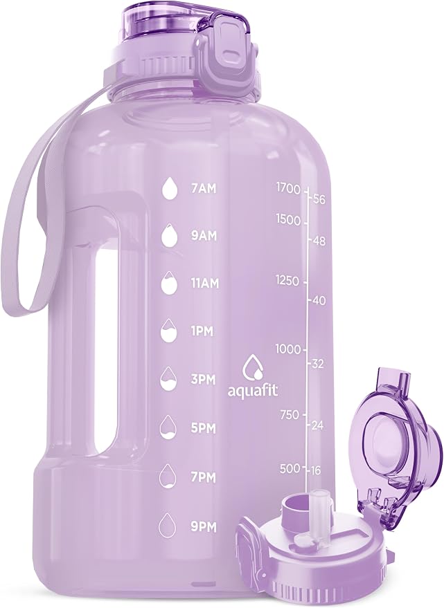 AQUAFIT Half Gallon Water Bottle with Time Marker, 2in1 Lid | BPA Free 64 oz Water Jug with 2in1 Straw and Chug Lid - Leakproof Gym Water Jug with Carry Handle (Lilac)