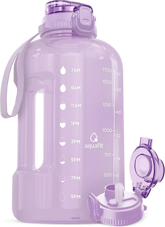 AQUAFIT Half Gallon Water Bottle with Time Marker, 2in1 Lid | BPA Free 64 oz Water Jug with 2in1 Straw and Chug Lid - Leakproof Gym Water Jug with Carry Handle (Lilac)