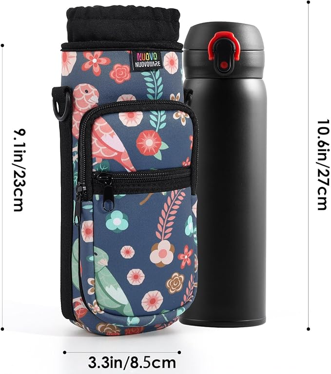 Nuovoware Water Bottle Carrier Bag, 750ml Bottle Pouch Holder, Adjustable Shoulder Hand Strap 2 Pocket Sling Neoprene Sleeve Sports Accessories for Hiking Travelling Camping, Green Bird+Blossoms