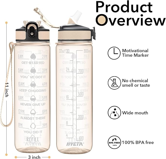 Hyeta Water Bottle with Straw & Time Marker, Plastic 32oz Leakproof | Motivational Tritan BPA Free Gym Office Outdoor Intake Tracker Hourly Reminder Straw Lid Carry Strap